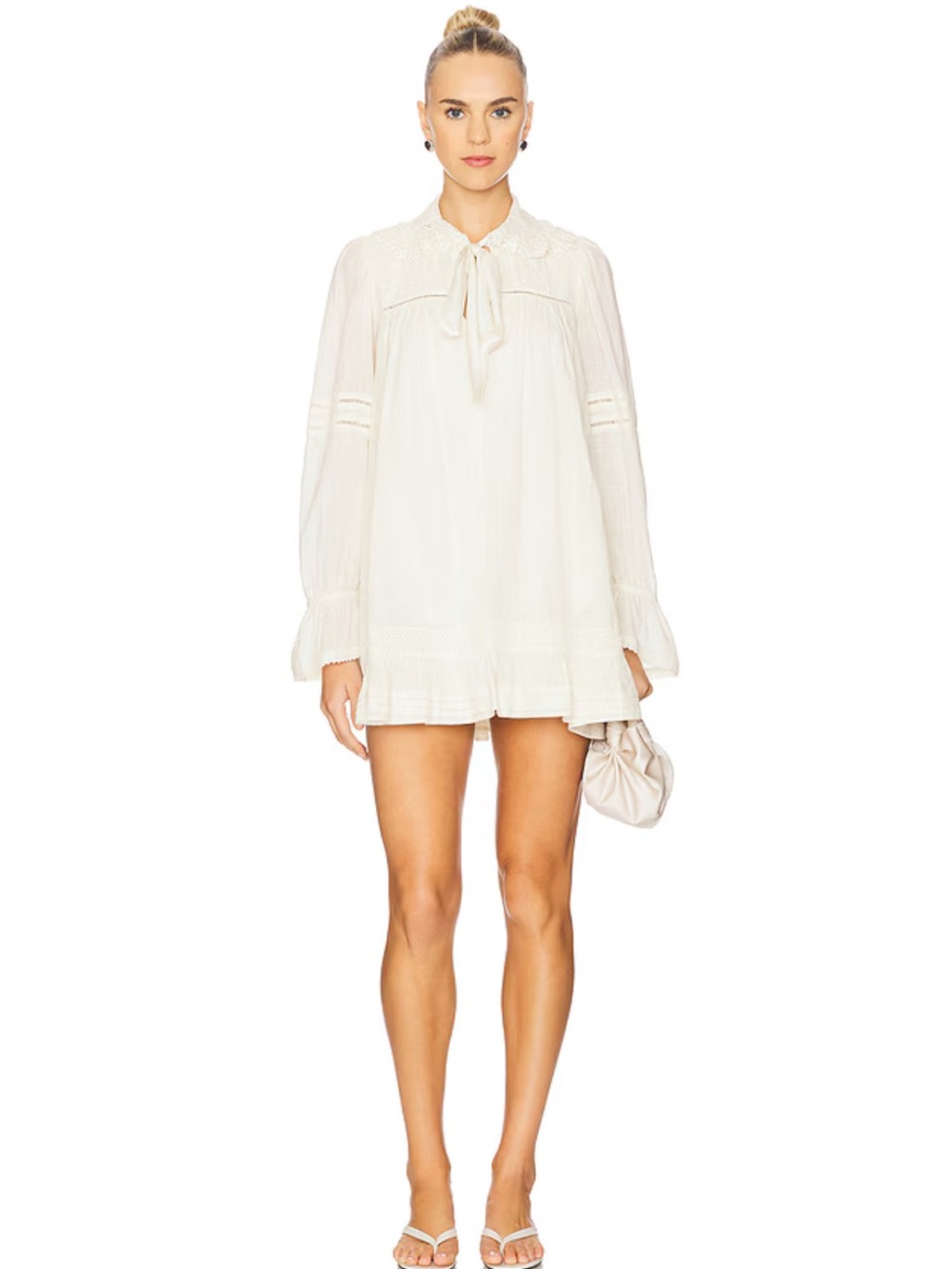 Women’s Cream Tie-Neck Long Sleeve Mini Dress - cotton
